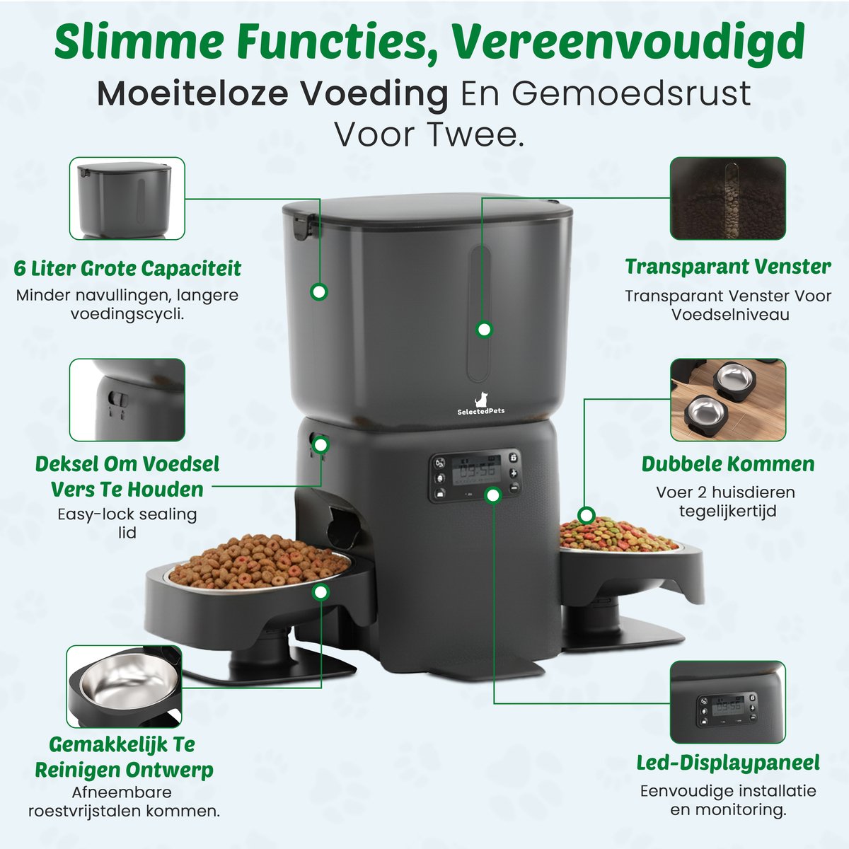 SelectedPets Automatische voerbak kat met dubbele kom - Handmatig in te stellen - Zwart thumbnail 6