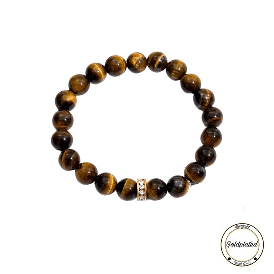 Bracelet en perles d'œil de tigre avec accent doré et strass.