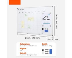 Kalender Whiteboard - Magnetisch Planbord - Afmeting 91,5 x 61 cm - Drooguitwisbaar - Planner & To-do Lijst - Inclusief 2 Stiften, 6 Magneten, Wisser - Wit