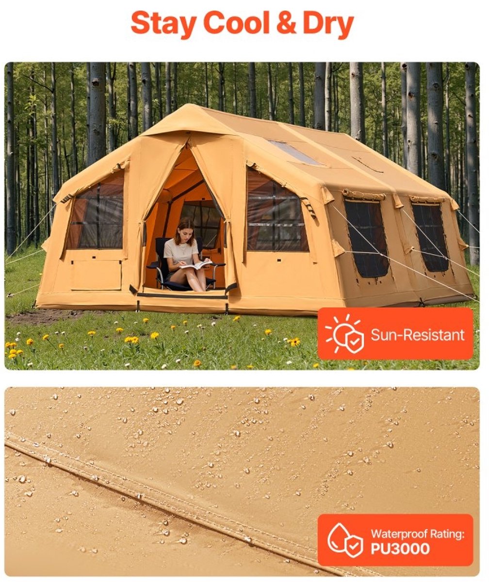 Opblaasbare kampeertent - Familietent/Glampingtent 8-12 personen - Afmeting 4,8 x 3,6 x 2,2 m - Inclusief handpomp - Luifel - Kachelaansluiting - Twee Deuren - Gaasramen – foto 3