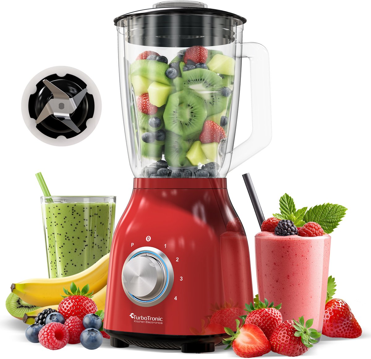 TurboTronic BG6 Blender - Met glazen kan - Smoothie blender - Smoothie maker - RVS Rood - BPA Vrij