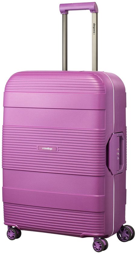Paarse Travelbags trolley met een geribbelde textuur en uitschuifbare handgreep.