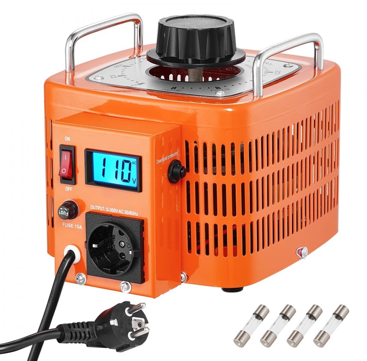 Variac Autotransformator - AC-spanningsregelaar - 3000 VA - 10 A - Ingang 230 V - Uitgang 0–300 V - LCD-display - Met 4 extra zekeringen