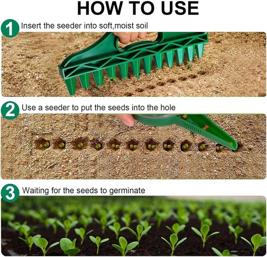 2-delige zaaimachineset - Zaadverdeler - Harkopeningmachine - Zaaimachine - Zaadafstandhouder - Zaaimachine met meerdere gaten - Opkweken van zaailingen - Tuingereedschap - Geschikt voor het planten van gewassen en het zaaien van planten - Groen van Merkloos	 — afbeelding 3