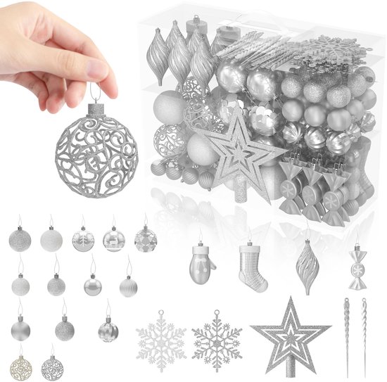 Aufun Kerstballen - Kunststof - 138 stuks - Zilver - Kerstboomversiering