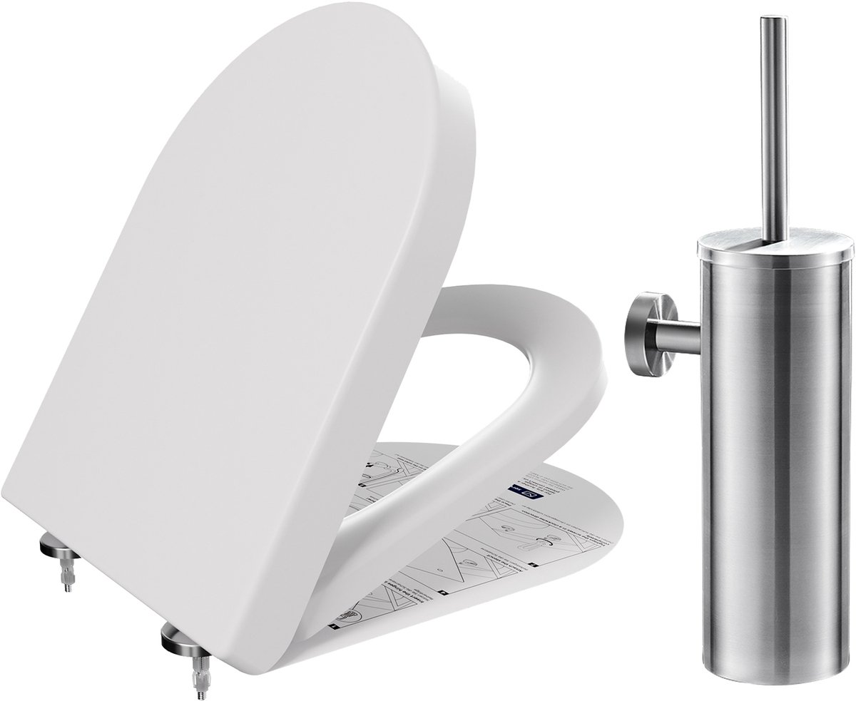 CECIPA Max WC bril D-vorm - Toiletbril met deksel - Duroplast - Soft Close - Wit + Toiletborstel Met Houder - Hangend - RVS - WC Borstel Met Houder - Zilver