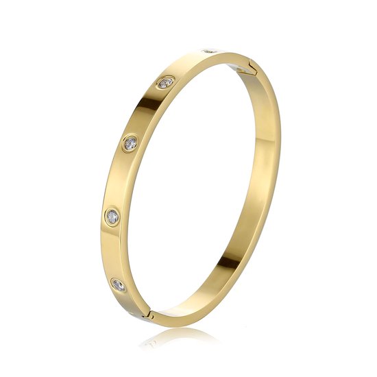Goudkleuring Roestvrijstalen Armband Bangle - Damesarmband met Zirkonia - 18K Goudverguld - Waterbestendig Cadeau voor Vrouwen, Jubileum, Bruiloft of Verjaardag - Stainless Steel - Goud