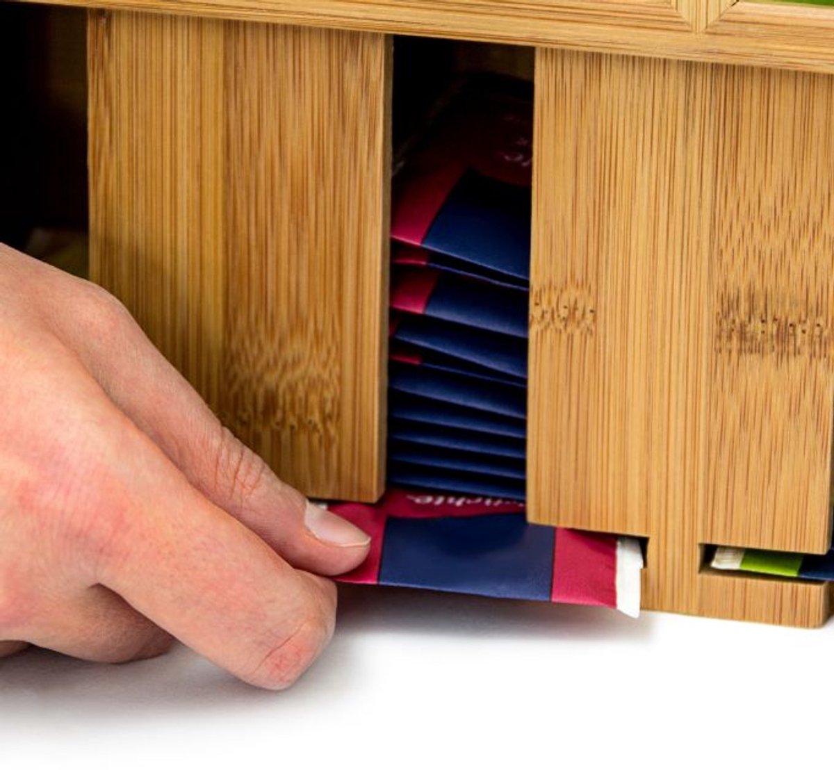 Doodadeals® Theedoos 4 Vakken – Bamboe Thee Organizer met Deksel en Handvat – Stijlvolle Theedoos Hout – 22x33,5x10 cm — cadeau in Wonen & Interieur - foto 3