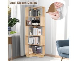 Hoekboekenkast Hout 6 Niveaus – Modern Staand Hoekrek HomeByNicole – Ruimtebesparende L-vormige Boekenkast voor Woonkamer, Slaapkamer, Kantoor – Decoratief & Functioneel Houten Opbergrek