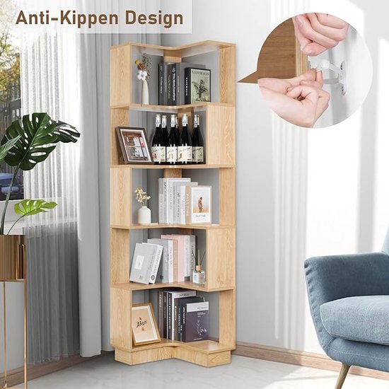 Hoekboekenkast Hout 6 Niveaus – Modern Staand Hoekrek HomeByNicole – Ruimtebesparende L-vormige Boekenkast voor Woonkamer, Slaapkamer, Kantoor – Decoratief & Functioneel Houten Opbergrek