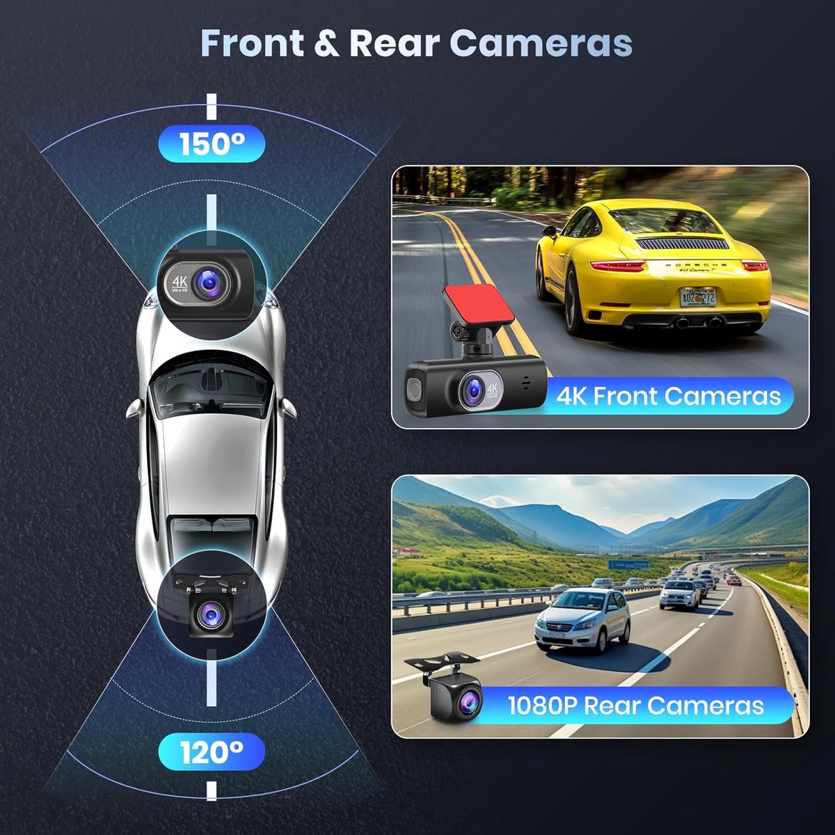 Dashcam voor en achter auto, dual front en binnenruimte autocamera 64G-kaart, FHD 1080p 3,16 inch IPS-scherm, dashcam G-sensor, parkeermonitor loop-opname, nachtzicht – foto 3