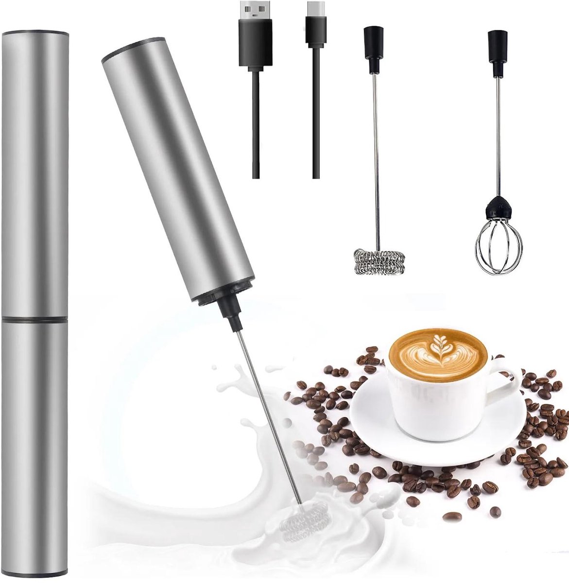 TuseRxln Melkopschuimer Electrisch - Met Roestvrij Staal 304 - Tot 13.000 Tpm - Melkopschuimers Voor Slagroom, Eiwitten En Saucen - 1 Stuks - Koffie Mini Mixer En Matcha Klopper Electrisch Zilver