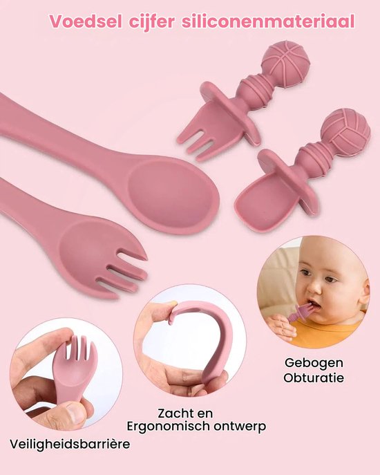 Baby Eetwaren Set 8-delig - Zuignap Borden & Kom - Siliconen Leer-eten Set met Slabbertje en Drinkbeker - Geschikt voor Magnetron & Vaatwasser - BPA-vrij Roze Babybestek - Kraamcadeau voor Meisjes van Merkloos — afbeelding 5