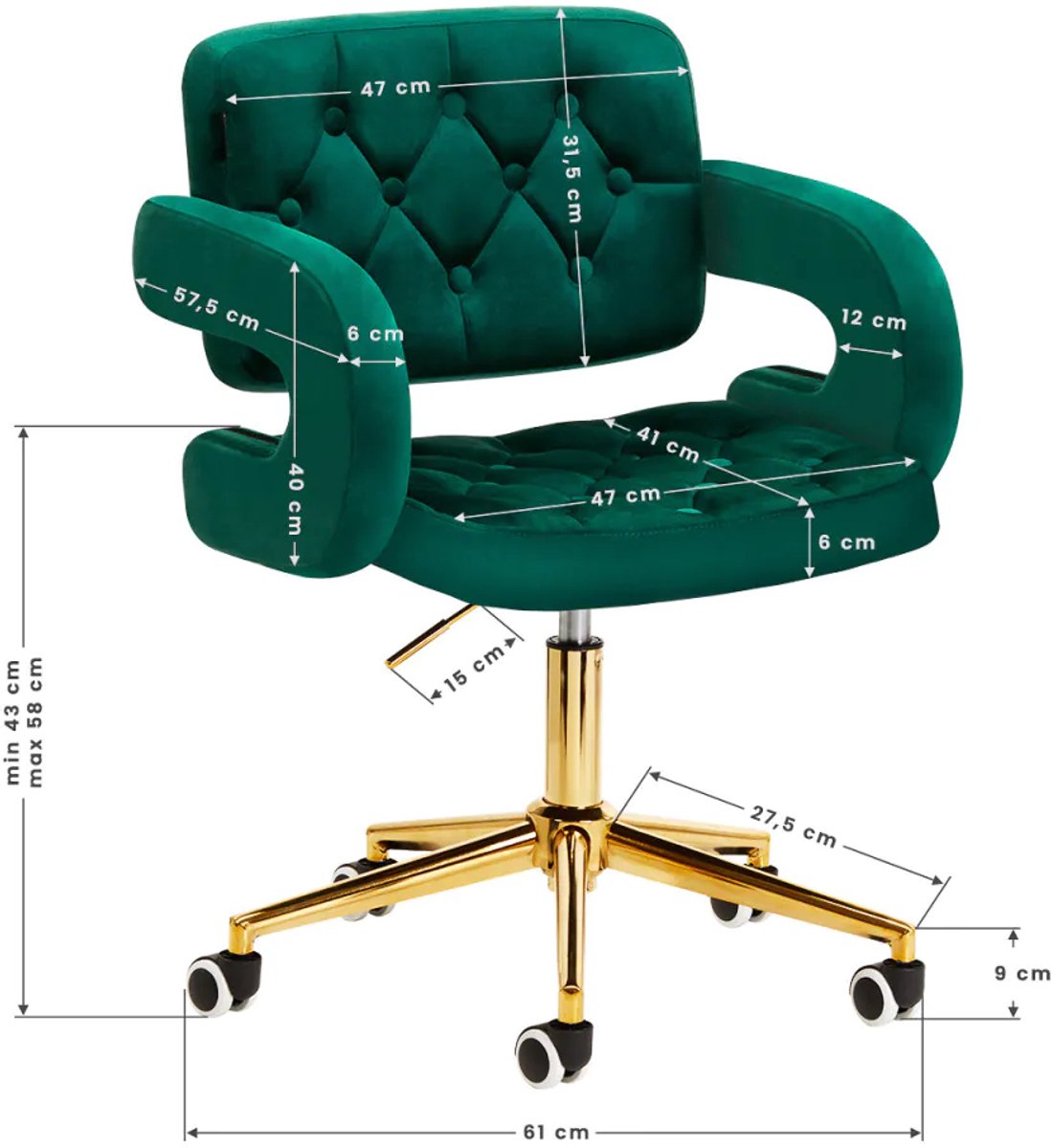 Draaistoel LUX groen fluweel - luxe stoel - salonstoel - decor - visagie stoel - kapper stoel - fluweel - gouden stoel - draaibaar