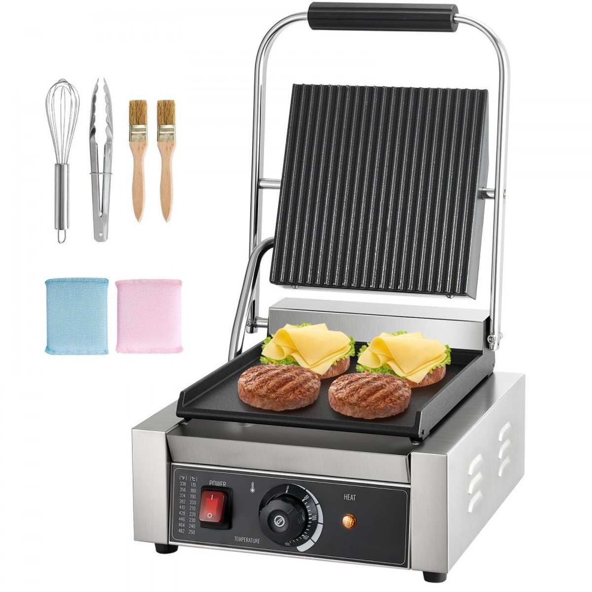 Professionele Elektrische Contactgrill - Paninigrill / Sandwichmaker - Vermogen 1800 W - Enkel Platte Emaille Plaat 22 x 23 cm - Temperatuurregeling - Roestvrijstalen Behuizing