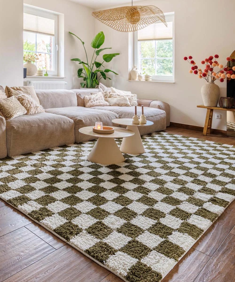 Checkerboard vloerkleed - Check ivoor/olijfgroen 300x400