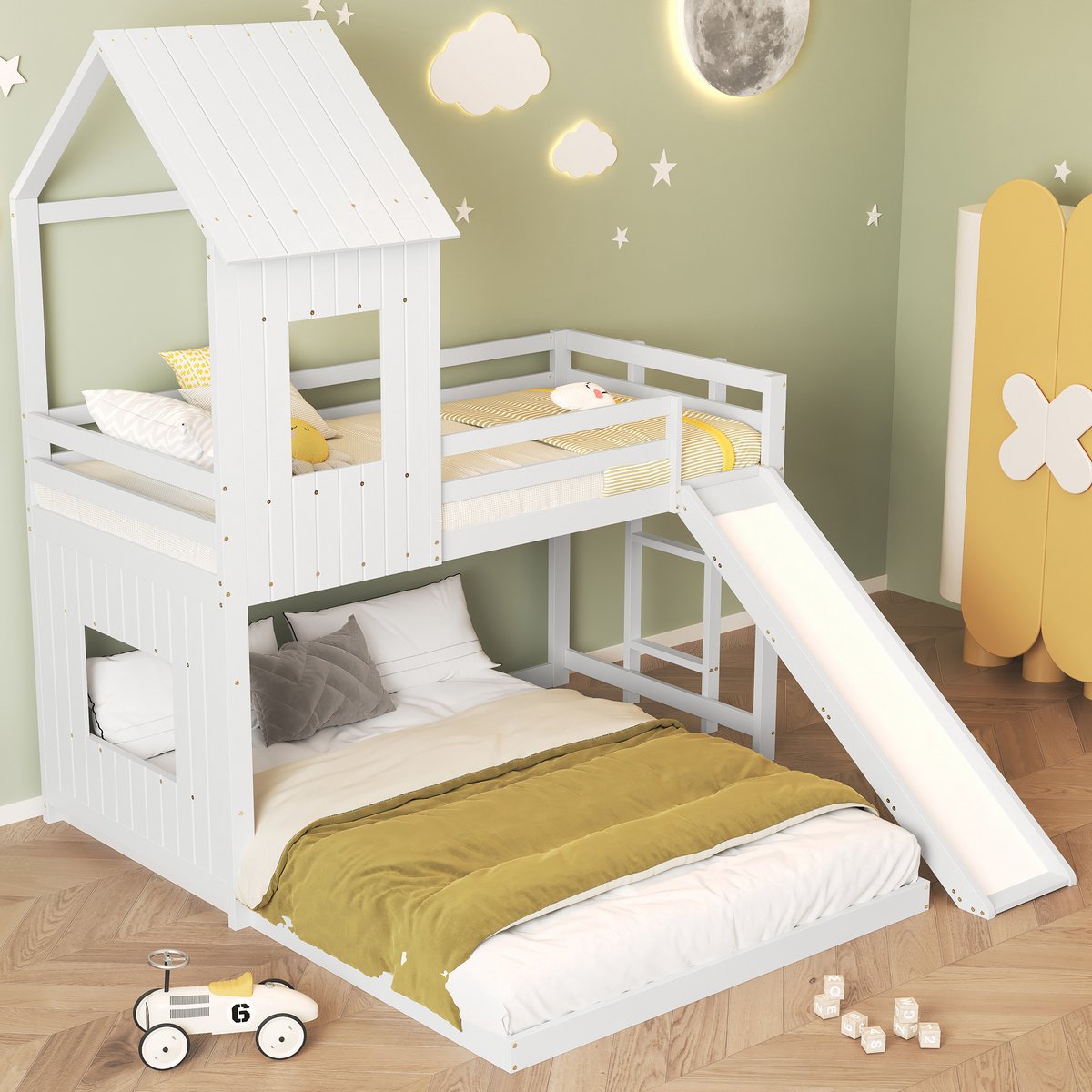 OKWISH Kinderstapelbed - 90x200/140x200 - Hoogslaper Met Glijbaan, Veiligheidshek, Fenster En Dach - Hout - Wit
