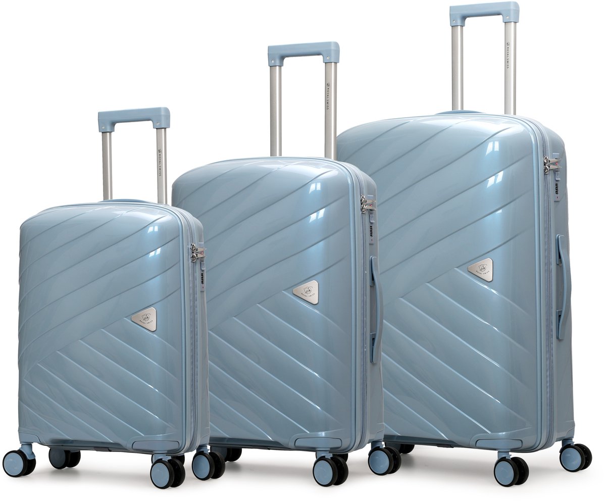 Royal Swiss® Kofferset 3-delig – Hardcase PP – Lichtgewicht & Duurzaam – 8 Wielen 360° – TSA Slot – Reis Koffer Set 20”/24”/28” – Grey Blue