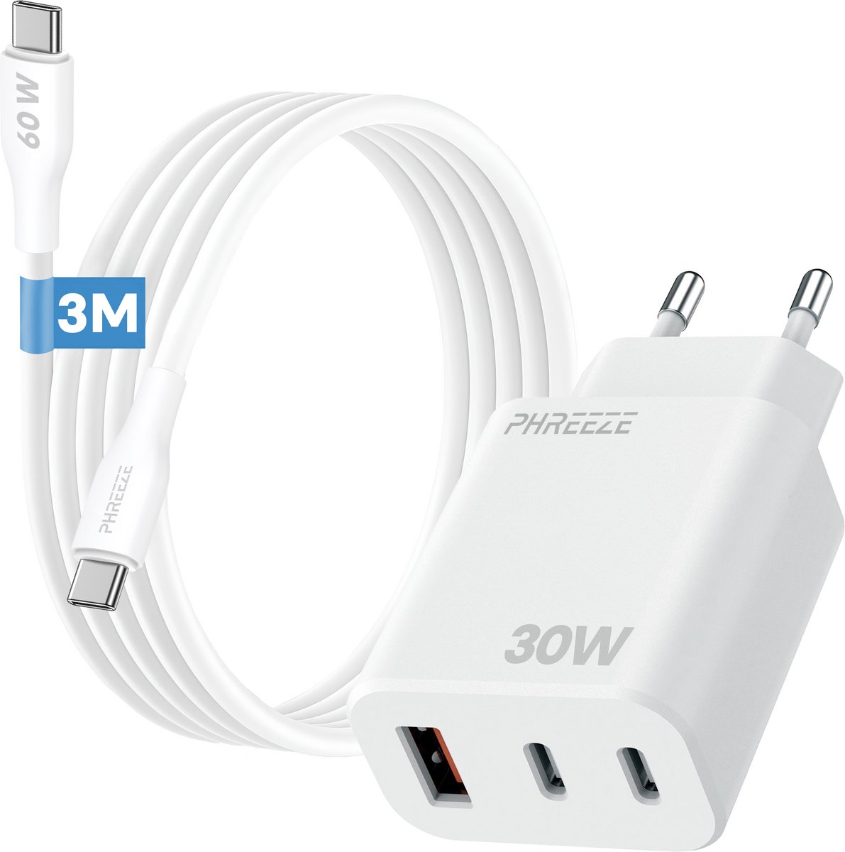 3 - Poorts snellader met usb C met usb A poorten - Incl. usb C naar usb C oplaadkabel 3m