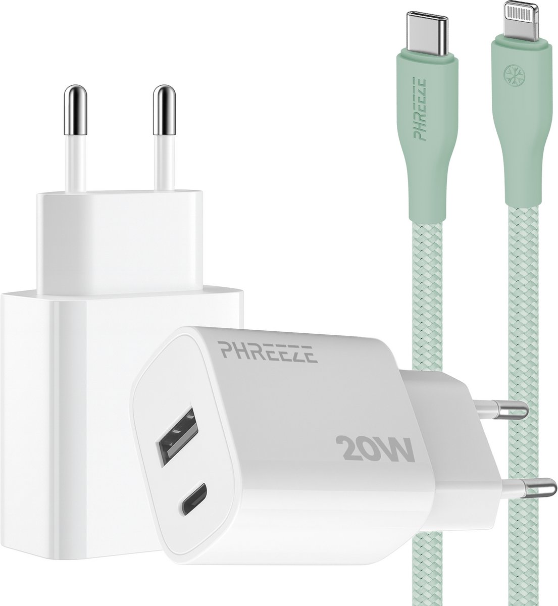 Phreeze usb C adapter 20 W groen met kabel geschikt voor iPhone 15 14 13 en iPad met Lightning kabel - Power Delivery snellader met 2 poorten