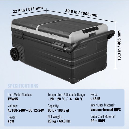 Autokoelkast - Draagbare compressor koelbox/vriezer - Inhoud 95 liter - Tweezone - Temperatuur -20°C tot 20°C - Voeding 12/24V & 100-240V - Met wielen en handvat - Voor kamperen van Merkloos — afbeelding 3