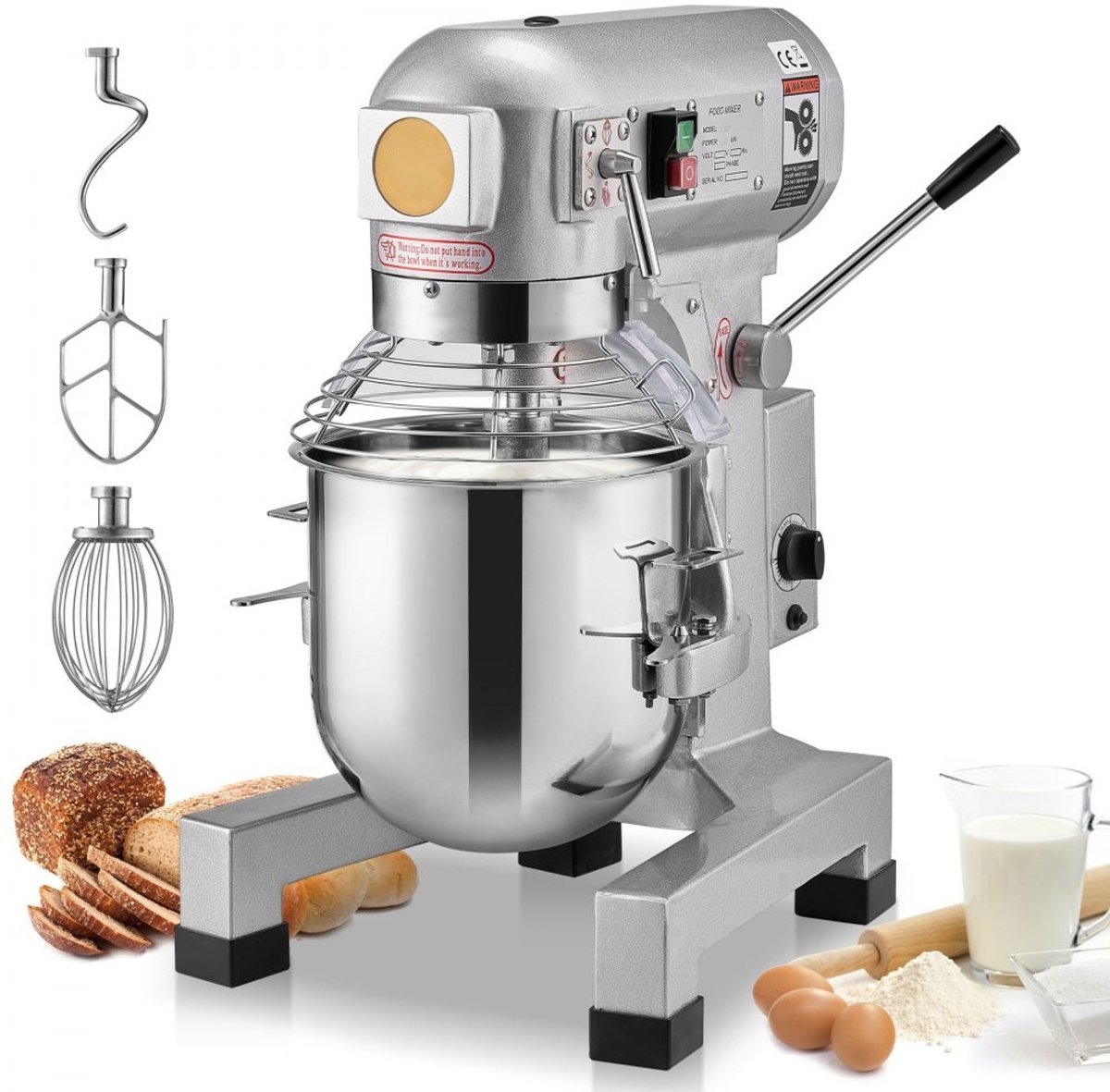 Commerciële Keukenmixer - Planetaire Deegmixer 18,7 L - 1100 W - 3 Snelheden - RVS Kom - 3 Mengopzetstukken - Horeca/Bakkerij