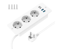 Intelectronics Inbouw Stekkerdoos met USB-C – 7-in-1 Power Hub met 3 Stopcontacten en 4 USB-Poorten – 2 m Kabel – Wit Luxe Design voor Bureau, Keuken, Vergadertafel of Werkplek – Elegant & Discreet Inbouwmodel