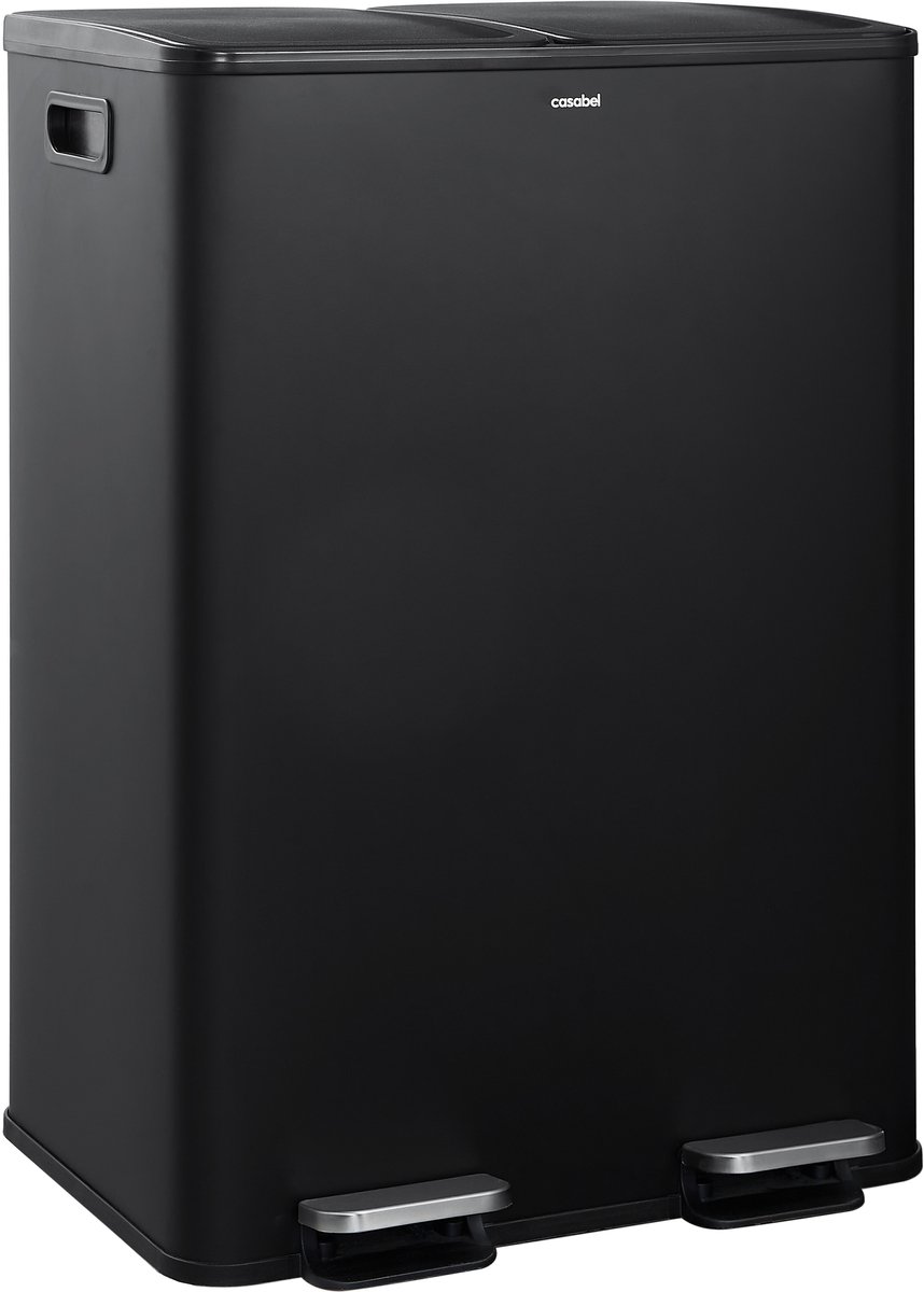 CASABEL 60L Recyclingbak, 2x30L Roestvrij Staal, Zwart, Dubbele Vakken, Pedaal, Uitneembare Bakken, Geluidsarme Deksel