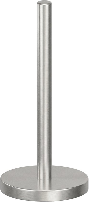 Keukenrolhouder in geborsteld staal met ronde basis, op witte achtergrond.