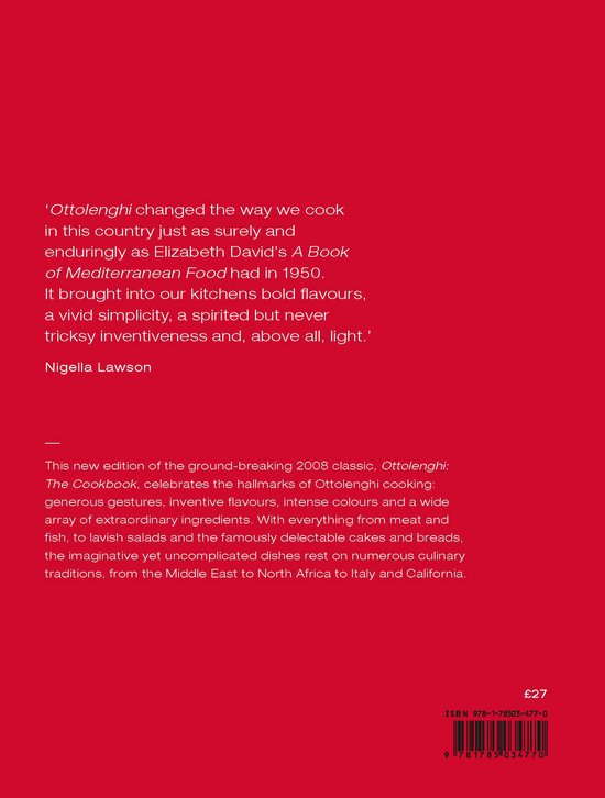 Boek met rode achtergrond met tekst over Ottolenghi en Nigella Lawson. Prijs £27.