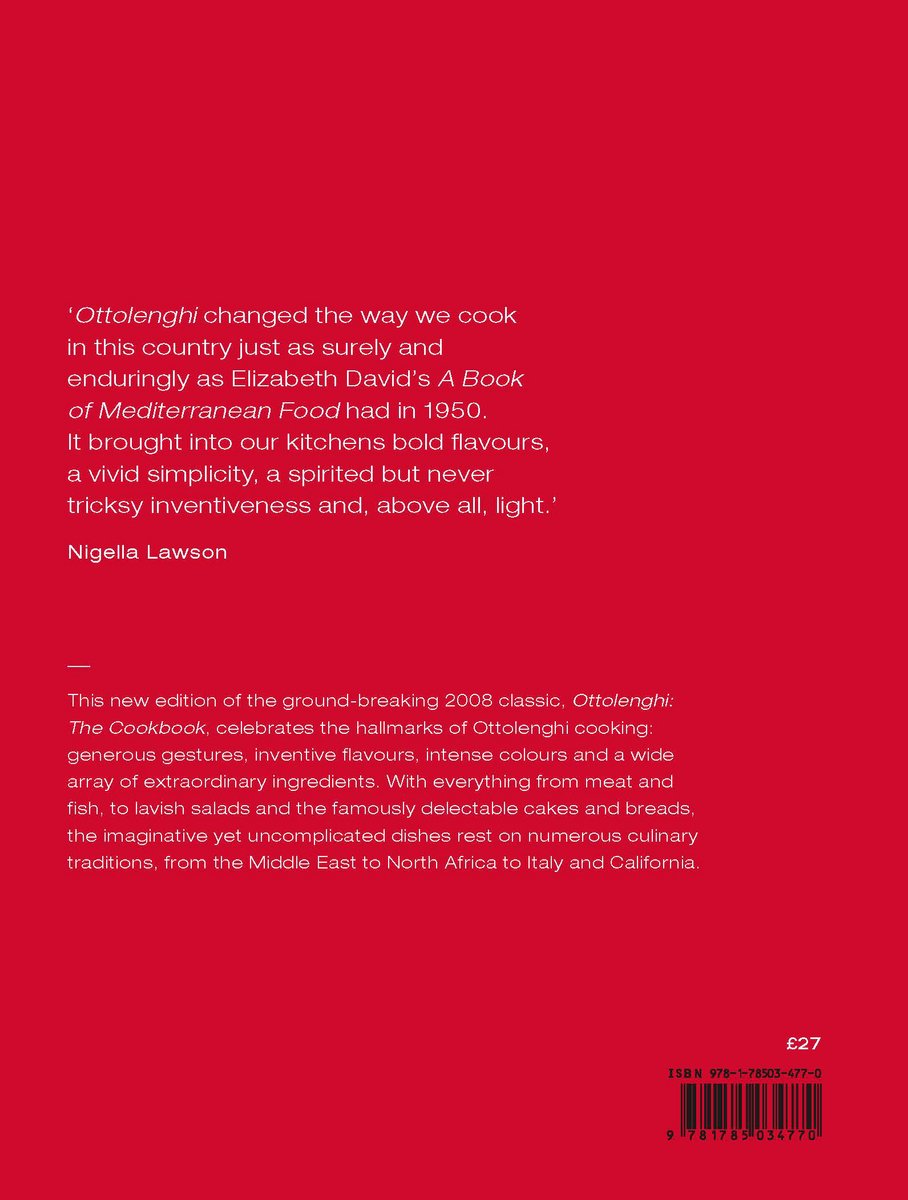 Boek met rode achtergrond met tekst over Ottolenghi en Nigella Lawson. Prijs £27.