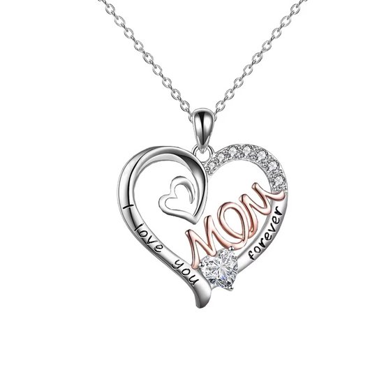 Lumici® | Mama Ketting v5 – Bicolor Argent avec Texte Or Rose – Collier Pour Mère – Mom Necklace – Hartjes Ketting – Cadeau Pour Elle – Cadeau Fête des Mères – Collier Femme – Collier – Saint-Valentin – Amour – Argent & Or rose