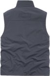 Achterkant van een donkergrijze bodywarmer met een kleine lus bovenaan.