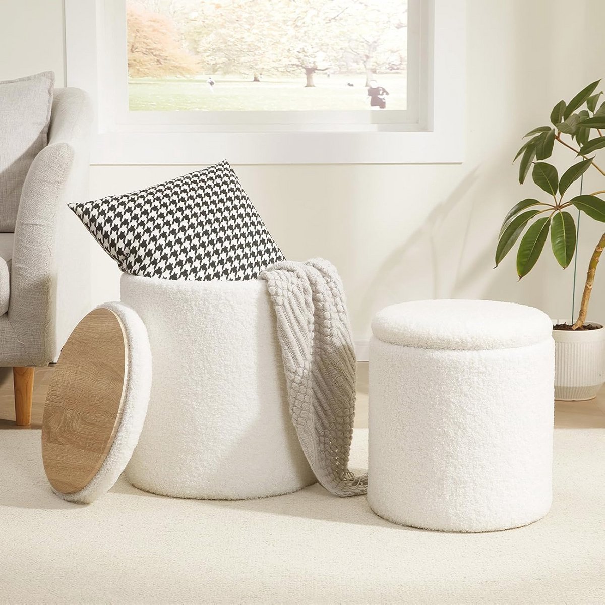 Ronde Ottomans Met Opbergruimte Set Van 2 - Voetenbankjes Voor Woonkamer, Badkamer en Kinderkamer
