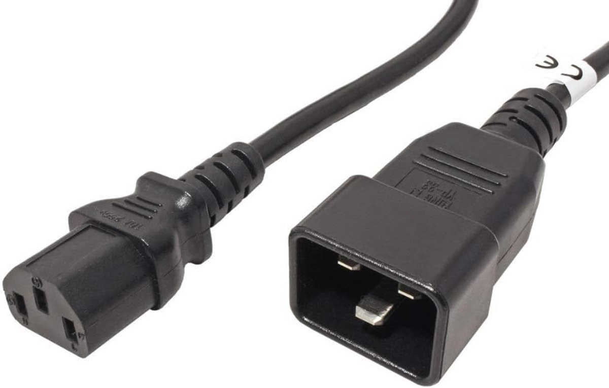 Kabel 1 m, power adapter kabel IEC 320, bus naar stekker, IEC 320 C13 naar C20, netsnoer voor 230V 10A, kleur zwart