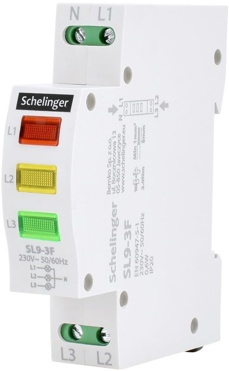 Schelinger LED Fase-indicatie Lamp 3-fase - DIN-rail 35mm - Rood/Geel/Groen - 230V AC - Schelinger SL9 - IP20