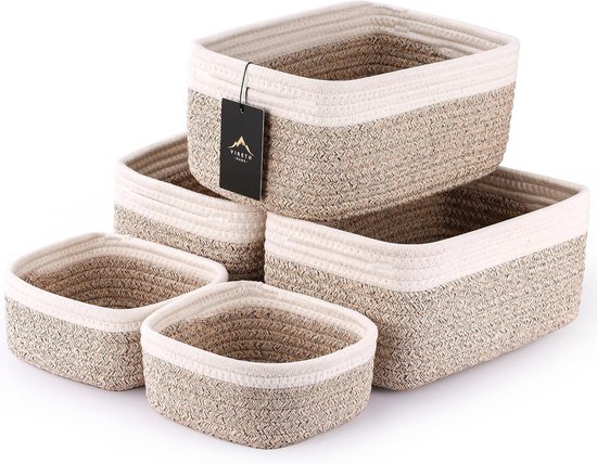 Anzirose Natuurlijke katoenen touw opbergmanden multi-size 3 stuks set ronde organizer bakken voor woondecoratie kast speelgoed desktop cosmetische kinderkamer opslag kwekerij bakken (Rond-Beige