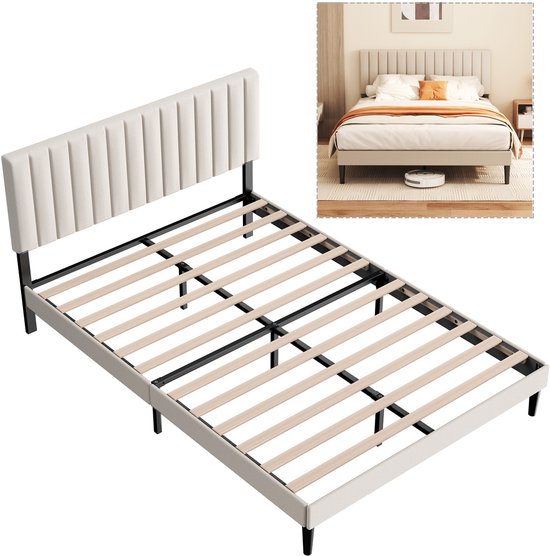 Cecipa heavy duty metalen bedframe - tweepersoonsbed met lattenbodem -140x190 cm - Gestoffeerd bed - verstelbaar hoofdeinde - Opbergruimte Onder Bed - Stevig - Stil - Anti Slip - Grijs Beige (geen matras)