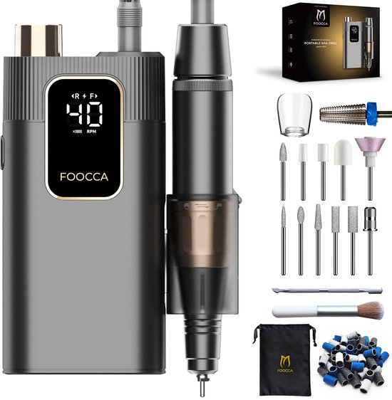 FOOCCA Portable – elektrische nagelvijl 40000 RPM – draadloos – oplaadbaar – manicure en pedicure set – eeltverwijderaar – broekriemclip – 12 bitjes en 65 schuurrolletjes – 2 extra accessoires