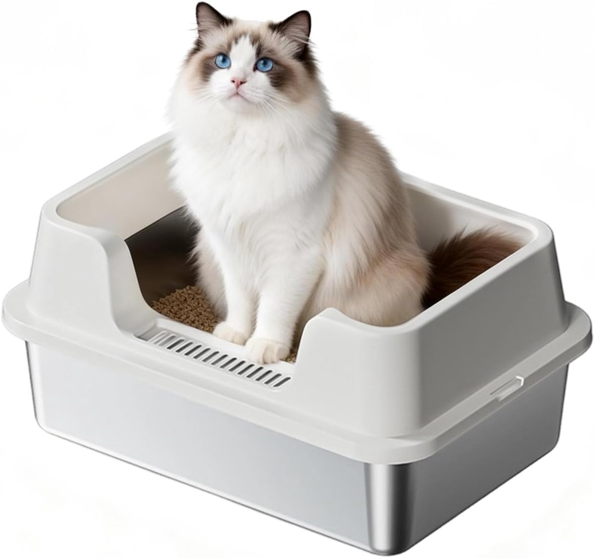RVS Kattenbak - Kattentoilet Roestvrijstaal - Open Kattenbak - Incl. Kattenbakschep met Houder en Gritopvang Opstapje - 50x35x27cm - wit