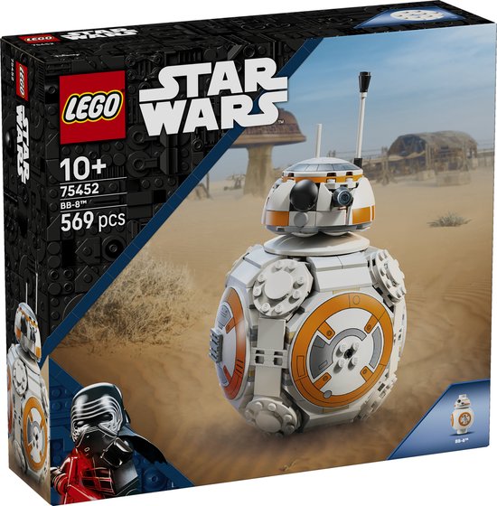 Boîte LEGO Star Wars BB-8 avec sur le devant le BB-8 à construire dans un paysage désertique.