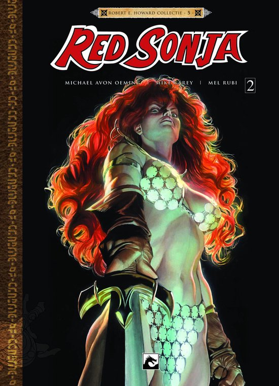 Red Sonja, met lang rood golvend haar, een zilverkleurig harnas, houdt een zwaard vast in deze illustratie van een stripboek.