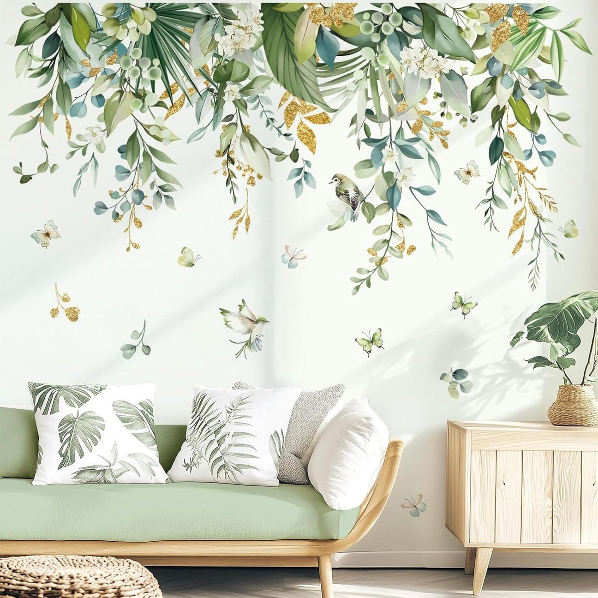 Allecta - Groene tropische muurstickers met palmbladeren en bloemen - Decoratieve planten stickers voor slaapkamer en woonkamer - Makkelijk aan te brengen
