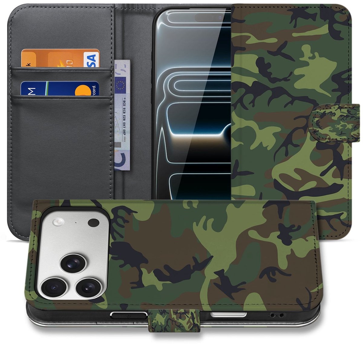 Book Case voor Portemonnee Hoesje iPhone 17 Pro Max Camouflage Leger Donker Met Pasjes