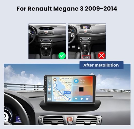 9Inch Android 15 Auto Radio 4+64G - Met Toepasselijk CarPlay Android Auto Voor Renault Megane 3 2009-2014 | GPS DAB+ DSP RDS Bluetooth SWC Mirror Link Aftermarket
