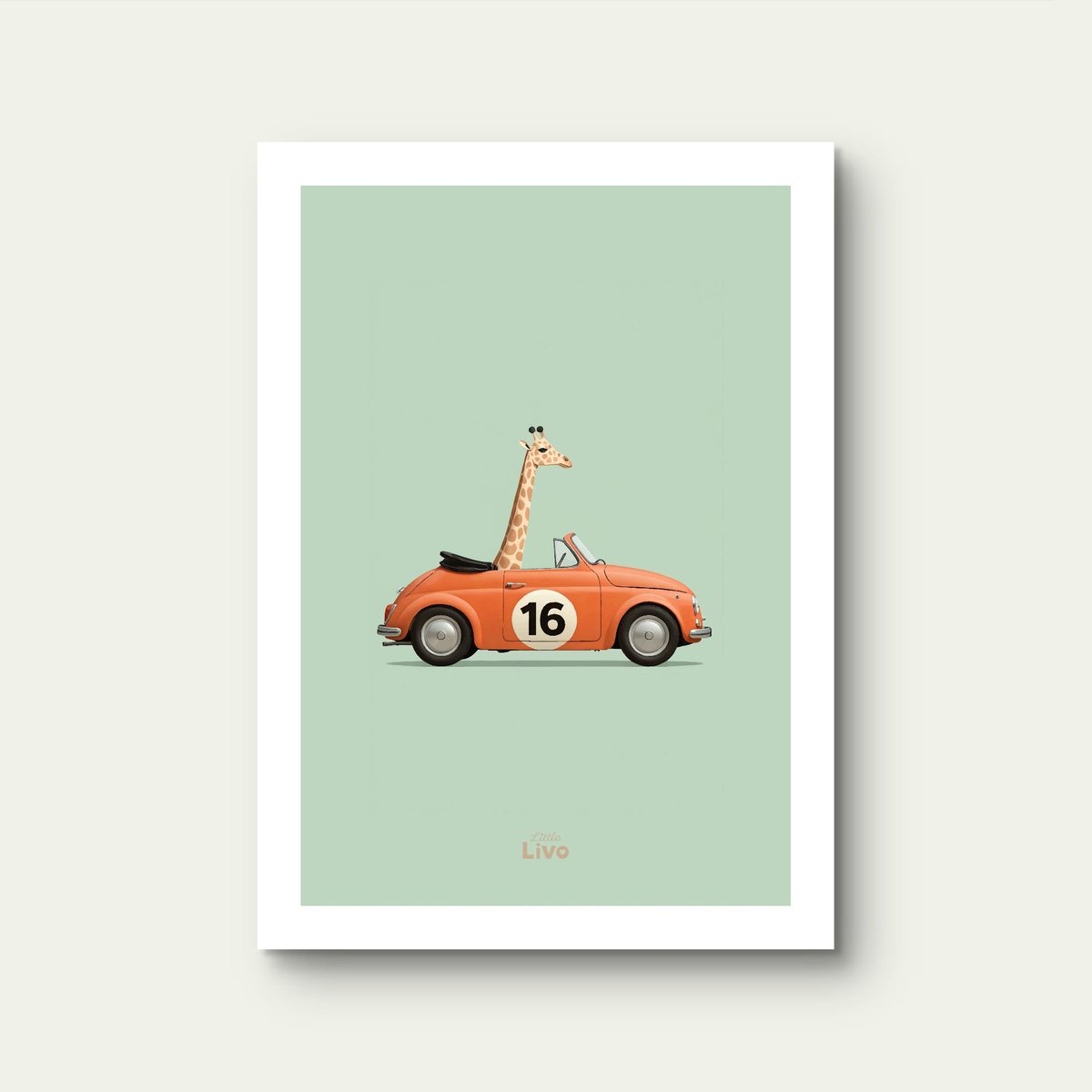 Little Livo Kinderposter Giraf in Vintage auto – Poster Kinderkamer – Muurdecoratie – 30 x 40 cm – Mat – 250 g/m² Papier