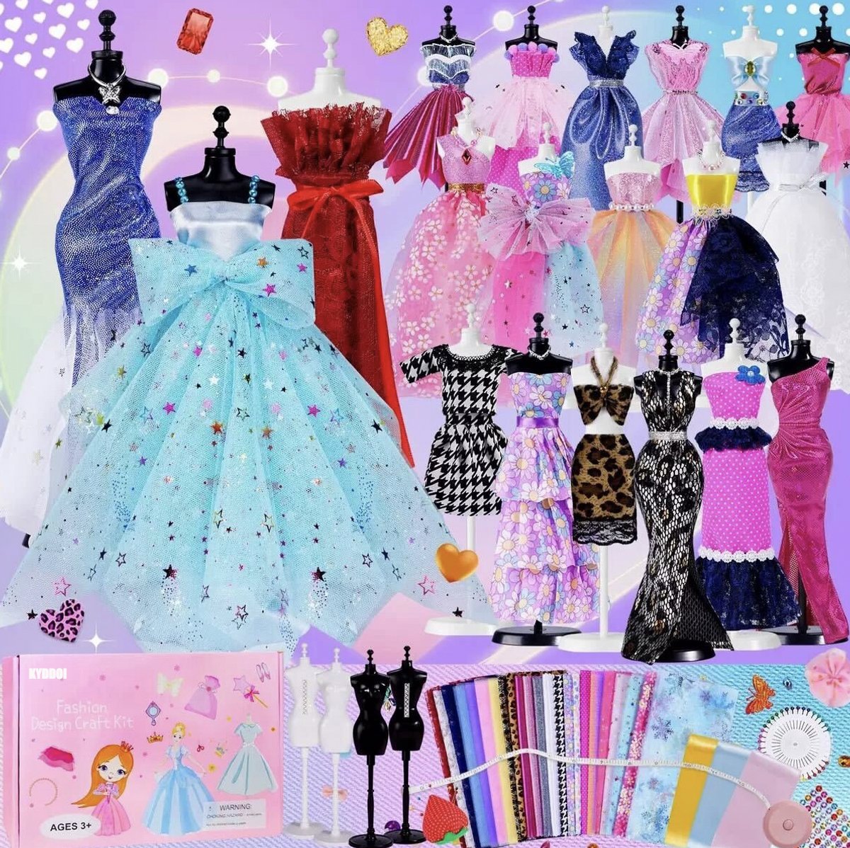 KYDDOI Knutseldoos - Mode ontwerperset meisjes 500+PCS Knutselpakketten -Creativiteit DIY kleding - Luxe Kleding Ontwerp Studio met Paspoppen, Stof & Accessoires - voor 6 jaar+