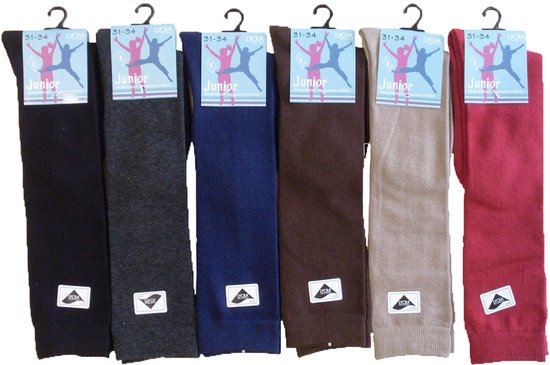 Meisjes kniekousen in zwart, donkergrijs, blauw, bruin, beige en roze. Verpakt per 6 paar, maat 31-34.