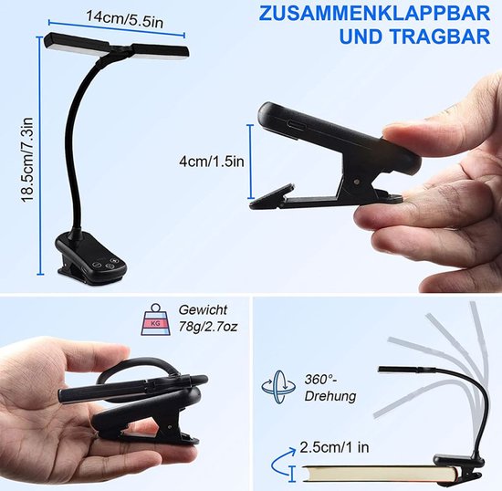 Leeslamp met boekenklem, USB-oplaadbare cliplamp, nachtleeslamp van Merkloos — afbeelding 3