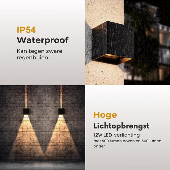 Luminize buitenlamp met schemersensor - wandlamp met dag en nacht sensor - 12x12x12cm - 2700k - 12w - zwart - LED